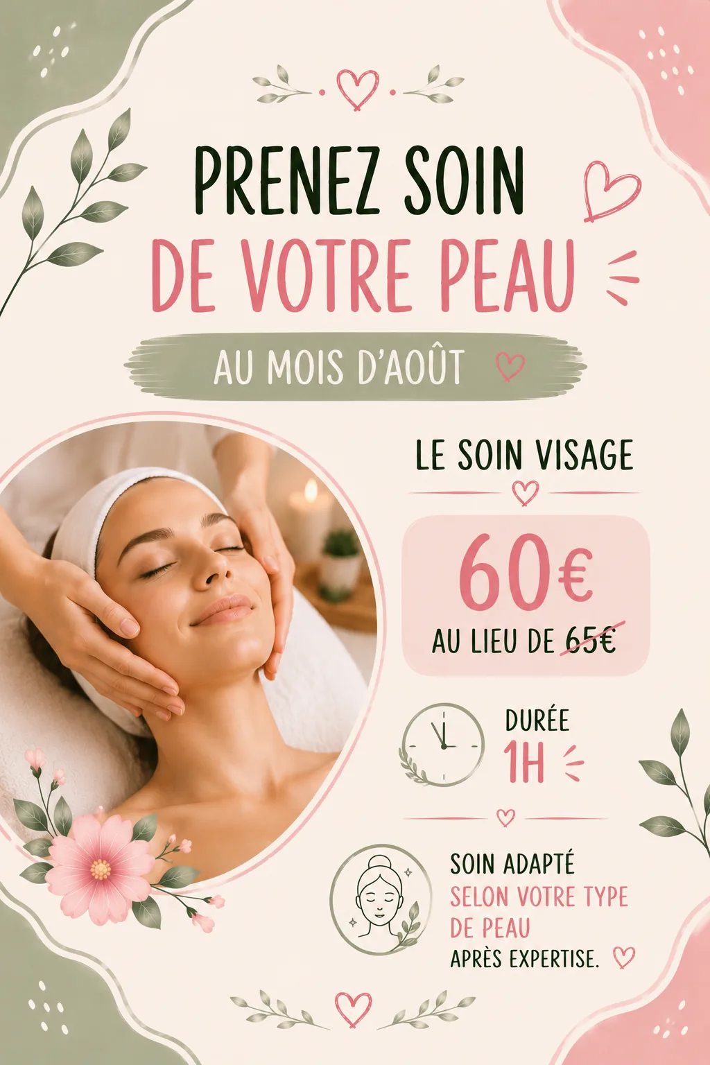 Offre du mois d'août — Le soin visage à 60€ au lieu de 65€, durée 1h, adapté à votre type de peau