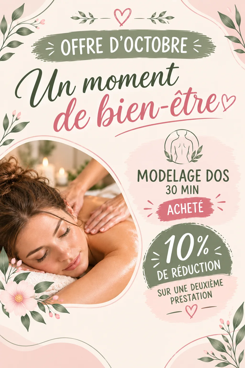 Offre d'octobre « Un moment de bien-être » — Pour un modelage du dos de 30 min acheté, 10 % de réduction sur une deuxième prestation