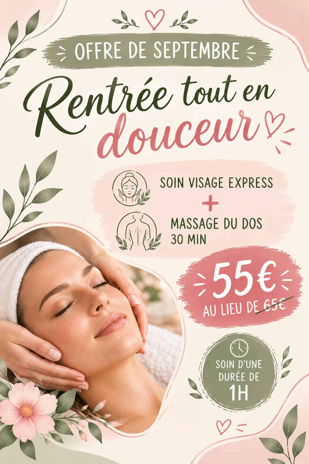 Offre de septembre « Rentrée tout en douceur » — Soin visage express + massage du dos 30 min à 55€ au lieu de 65€, durée 1h